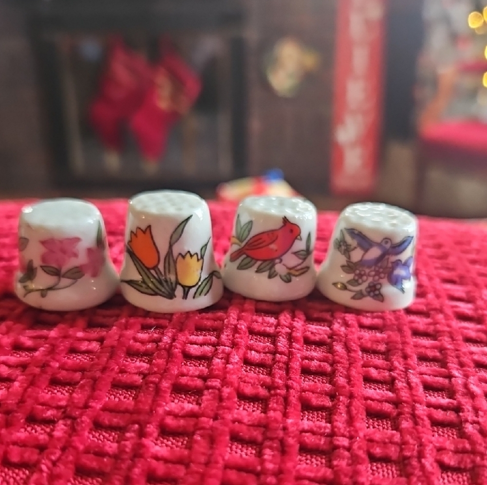 Set of VINTAGE Floral and Bird Porcelain Thimbles